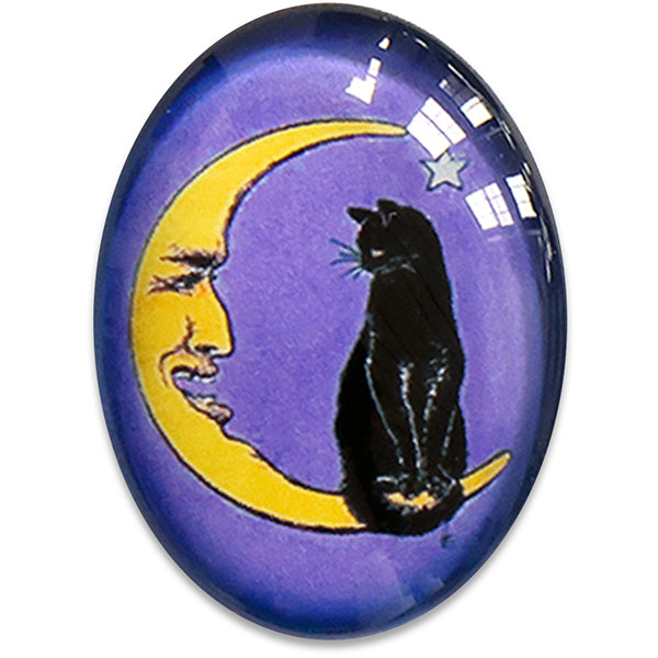 Black Cat on Crescent Moon Purple Star Glass Cameo Cabochon