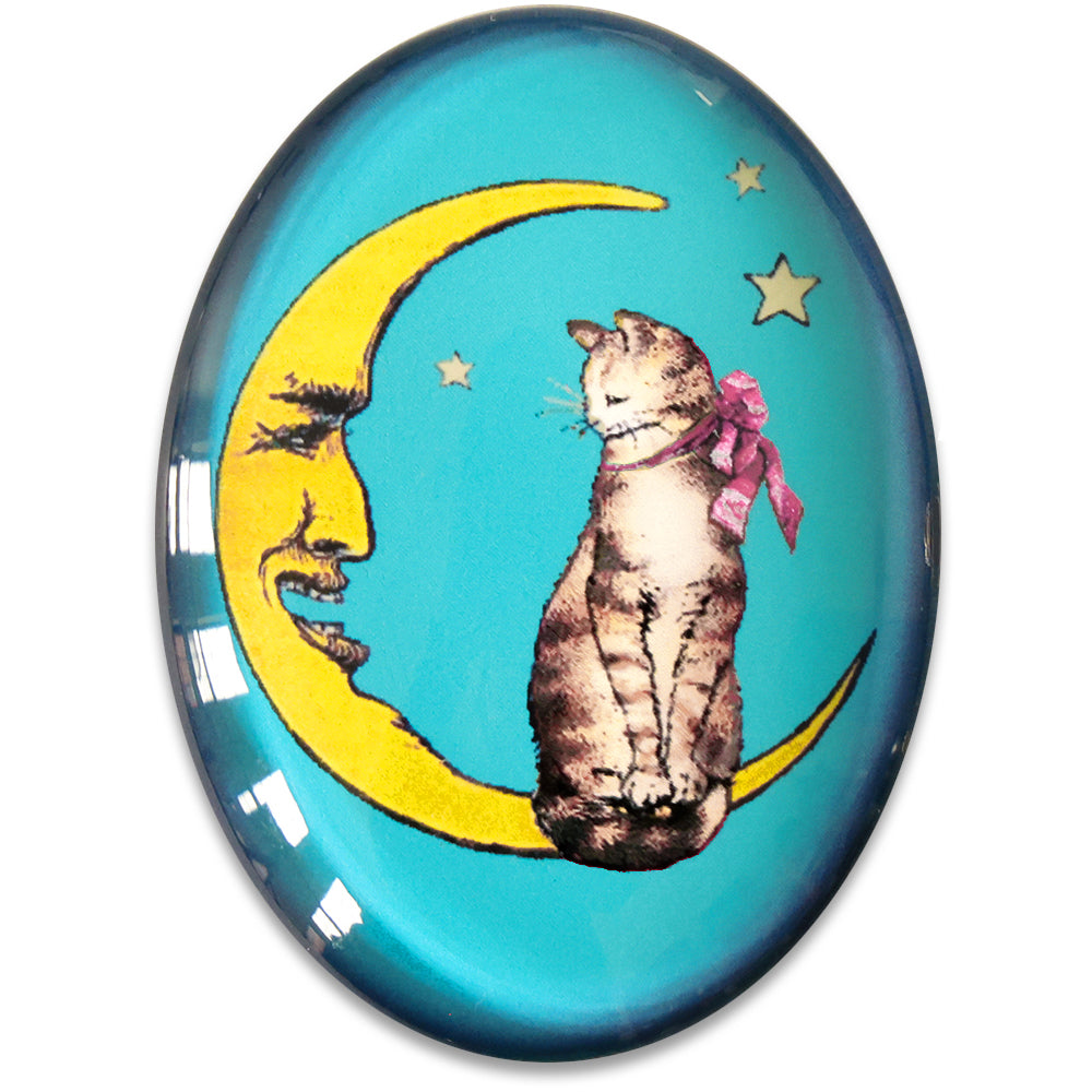 Brown Tabby Cat on Crescent Moon Blue Star Glass Cameo Cabochon