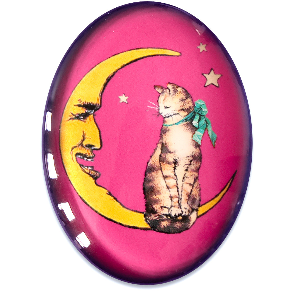 Brown Tabby Cat on Crescent Moon Pink Star Glass Cameo Cabochon