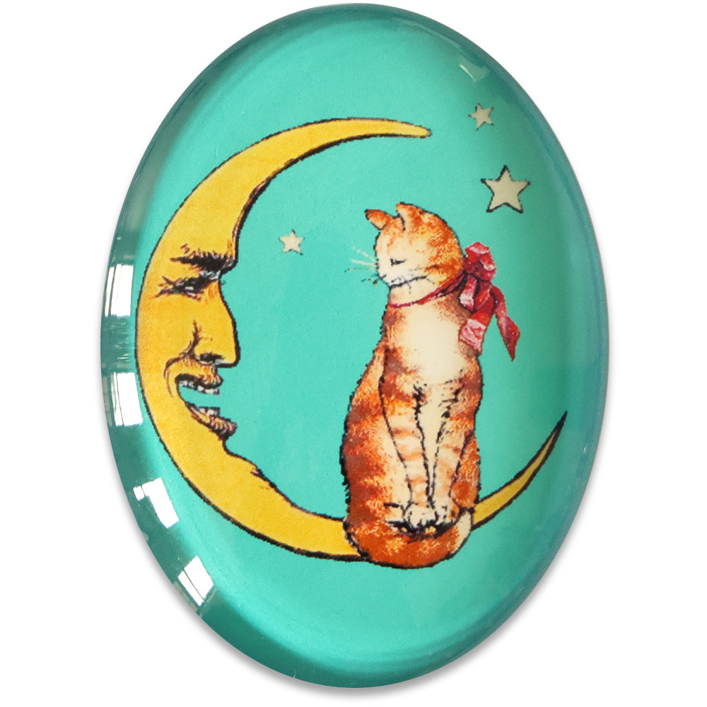 Orange Cat on Crescent Moon Mint Star Glass Cameo Cabochon