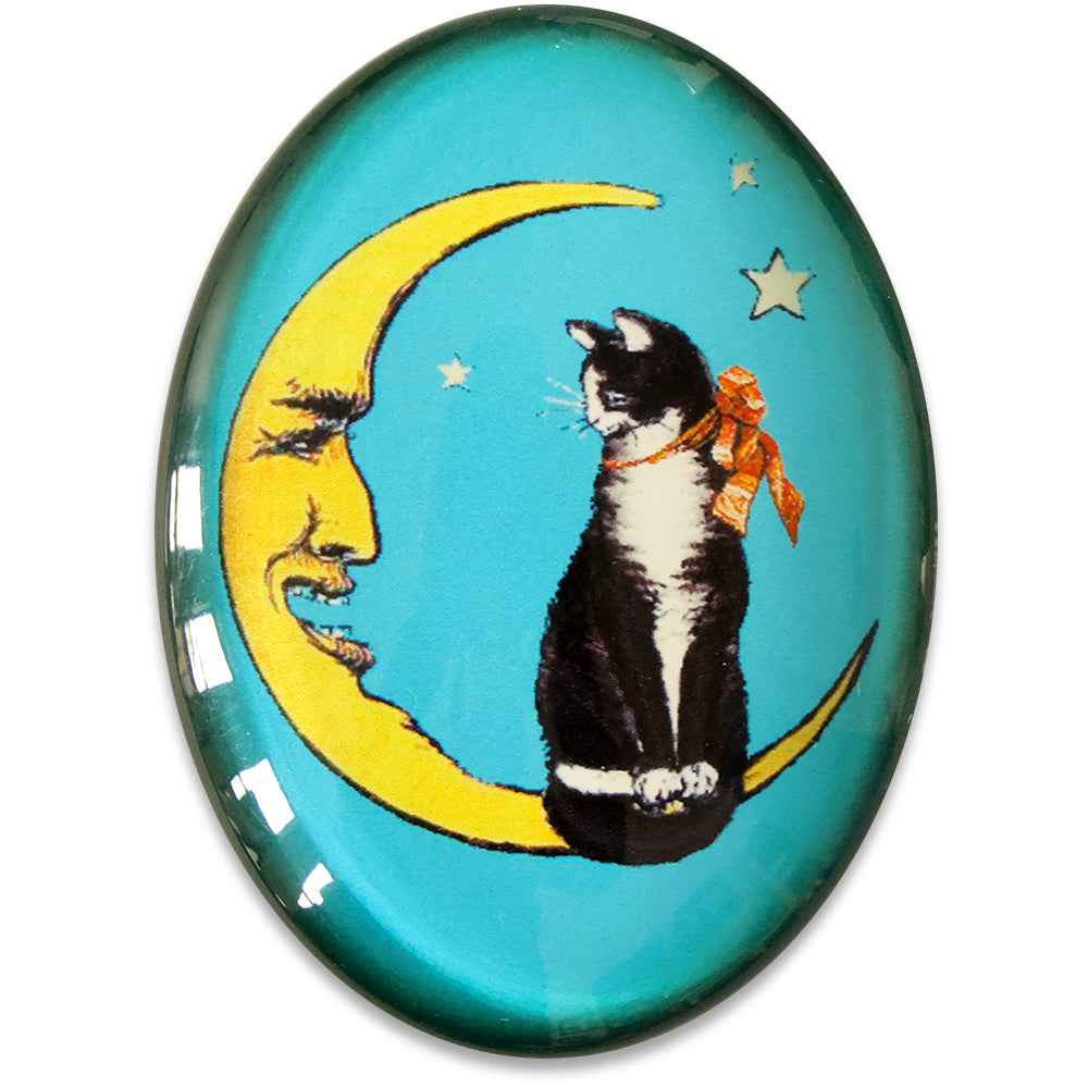 Tuxedo Cat on Crescent Moon Blu Star Glass Cameo Cabochon