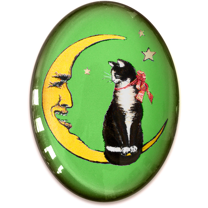 Tuxedo Cat Crescent Moon Green Star Glass Cameo Cabochon