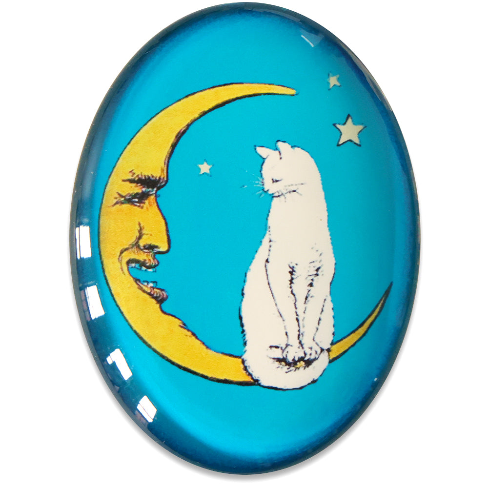 White Cat on Crescent Moon Blue Star Glass Cameo Cabochon