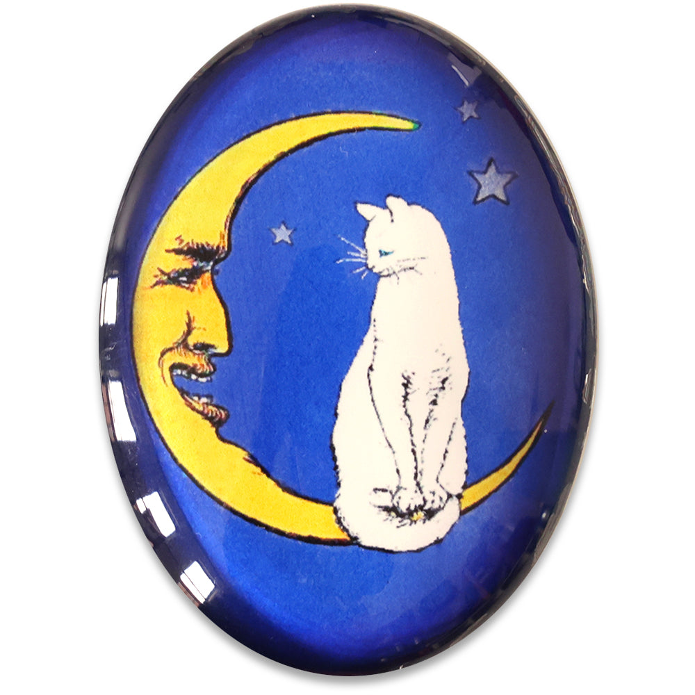 White Cat on Crescent Moon Royal Blue Star Glass Cameo Cabochon