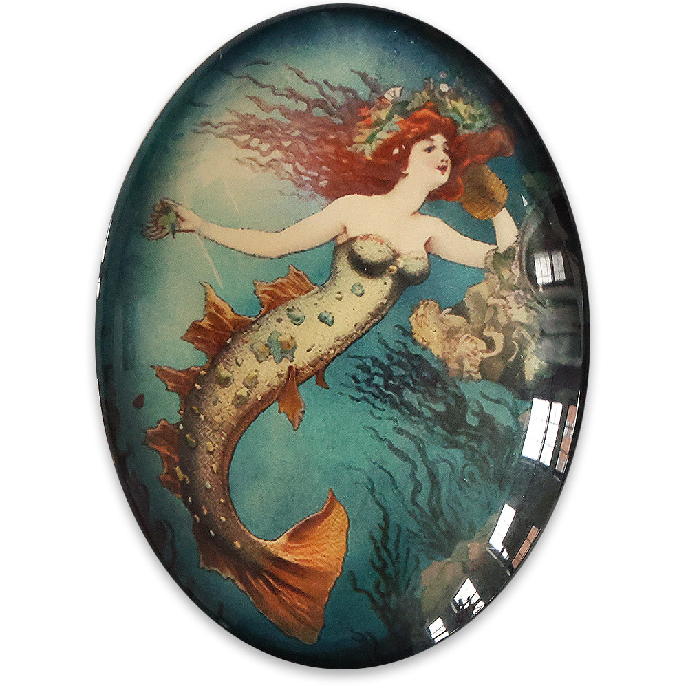 Vintage Redhead Mermaid Illustration Glass Cameo Cabochon