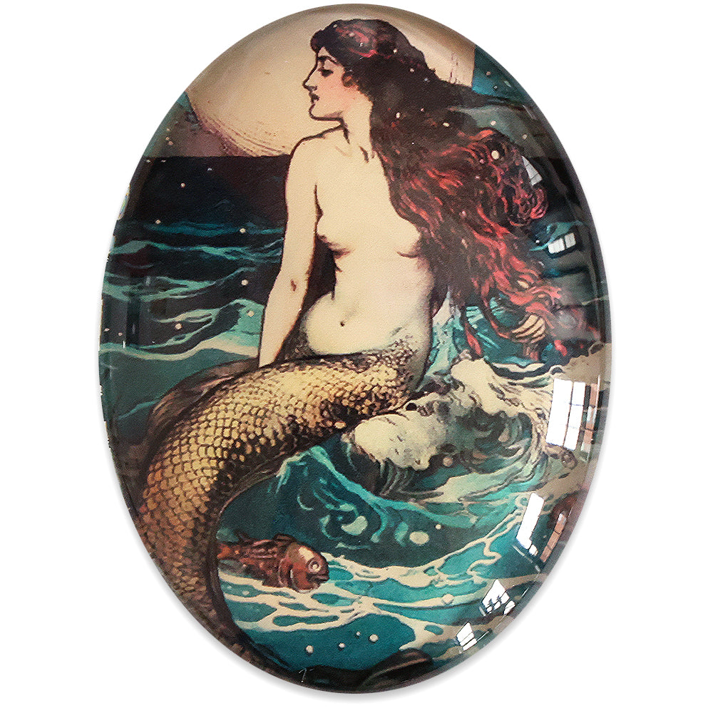 Art Nouveau Mermaid on a Rock at Night Glass Cameo Cabochon