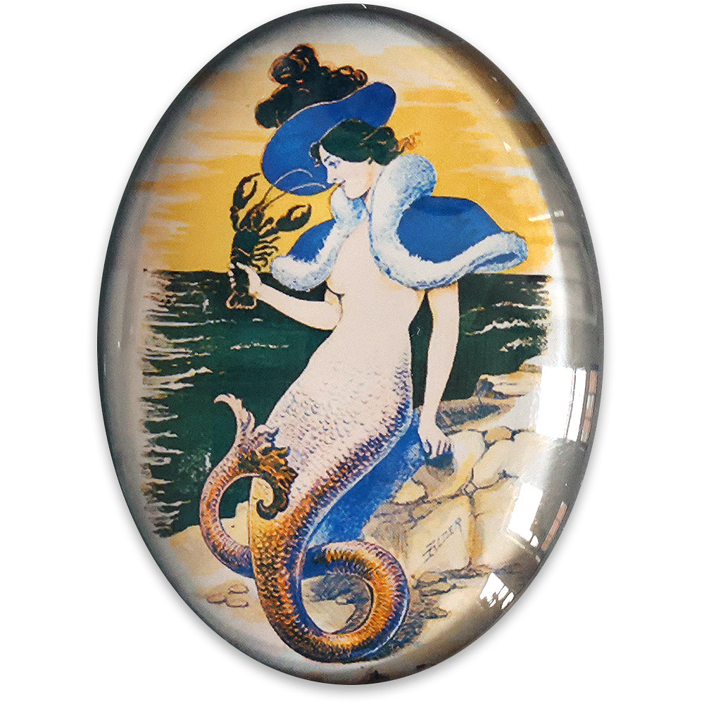 Victorian Fashionable Mermaid holding Lobster Art Glass Cameo Cabochon