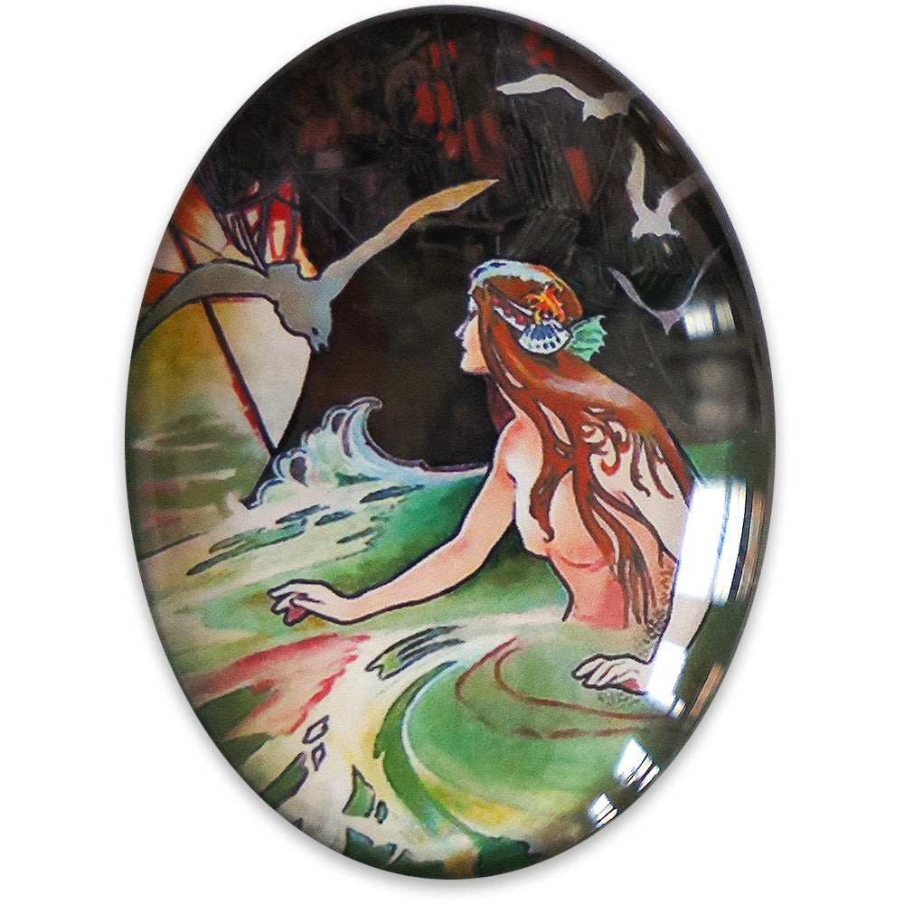 Vintage Art Nouveau Redhead Mermaid Ship Illustration Glass Cameo Cabochon