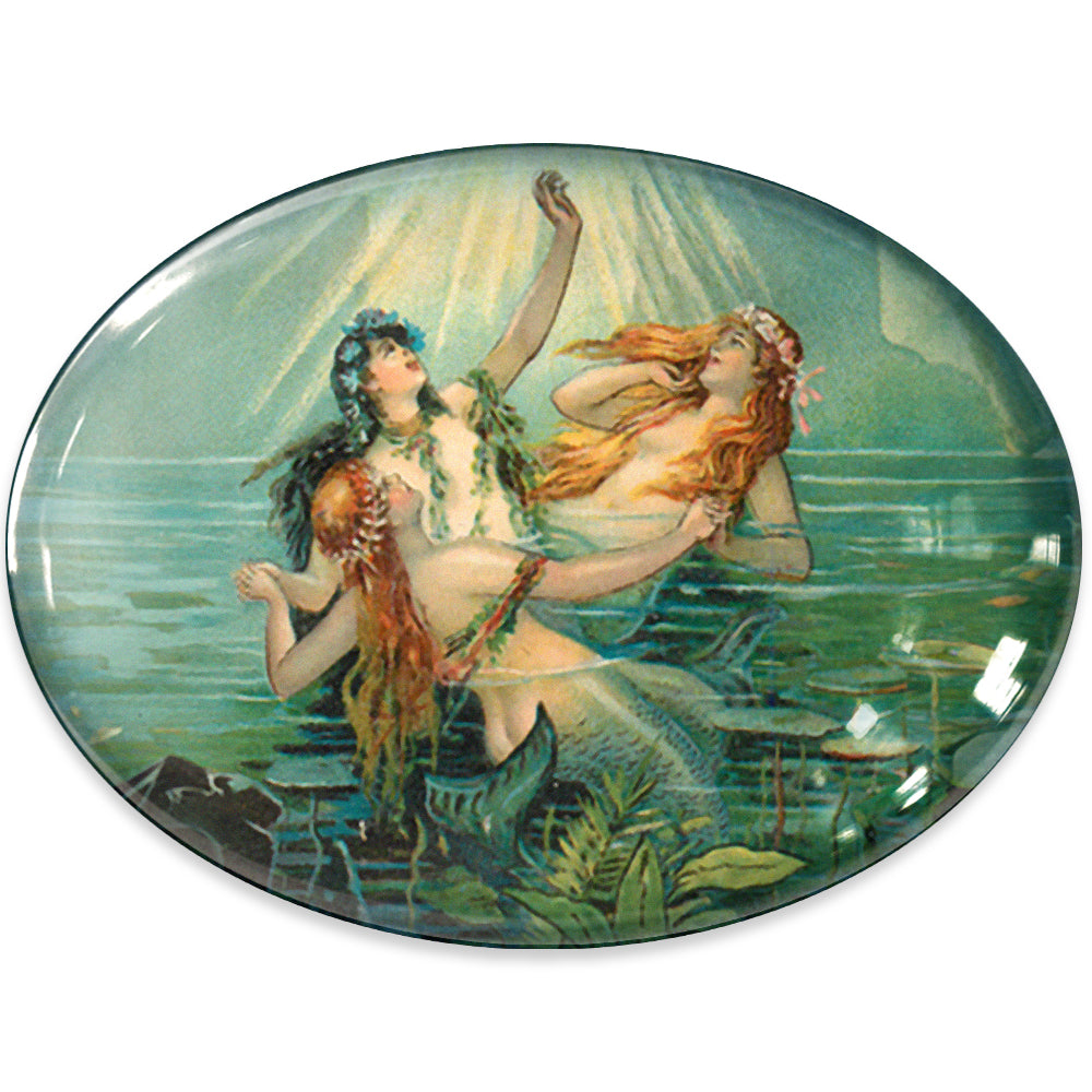 Vintage Horizontal Victorian Mermaids Illustration Glass Cameo Cabochon