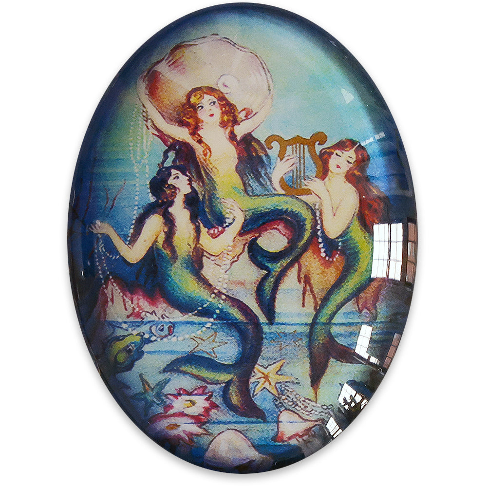 Victorian Mermaids Illustration Blue Glass Cameo Cabochon