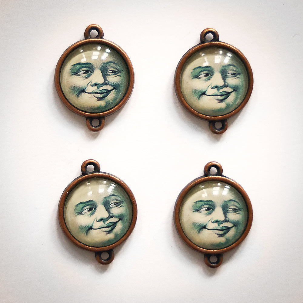 4pcs Glass and Copper Handmade Man in the Moon Smiling Face Charms Vintage