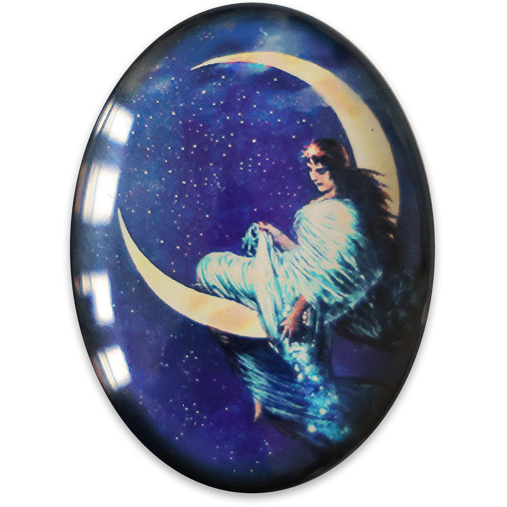 Victorian Woman on a Crescent Moon Purple Sky Blue Robe Glass Cameo Cabochon