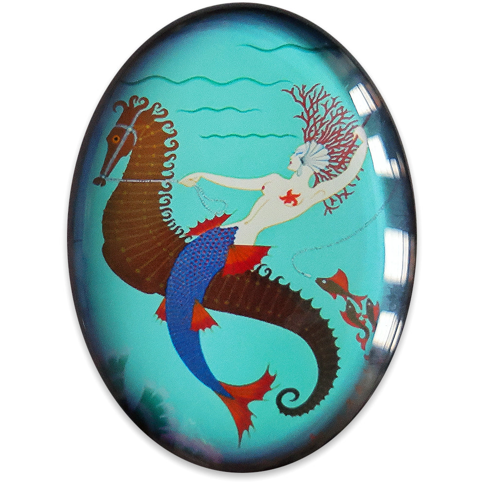 Art Deco Erte Mermaid Riding Seahorse Illustration Glass Cameo Cabochon
