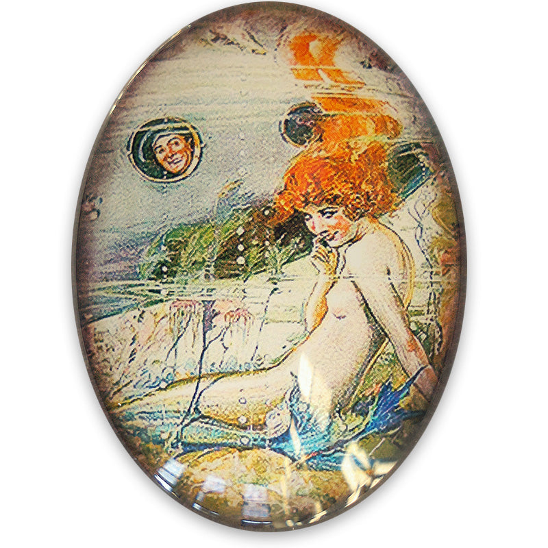 Vintage Redhead Mermaid Illustration Glass Cameo Cabochon