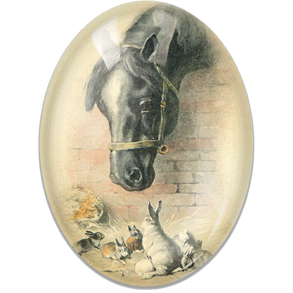 Victorian Black Horse with Rabbits Glass Cameo Cabochon Vintage Bunny