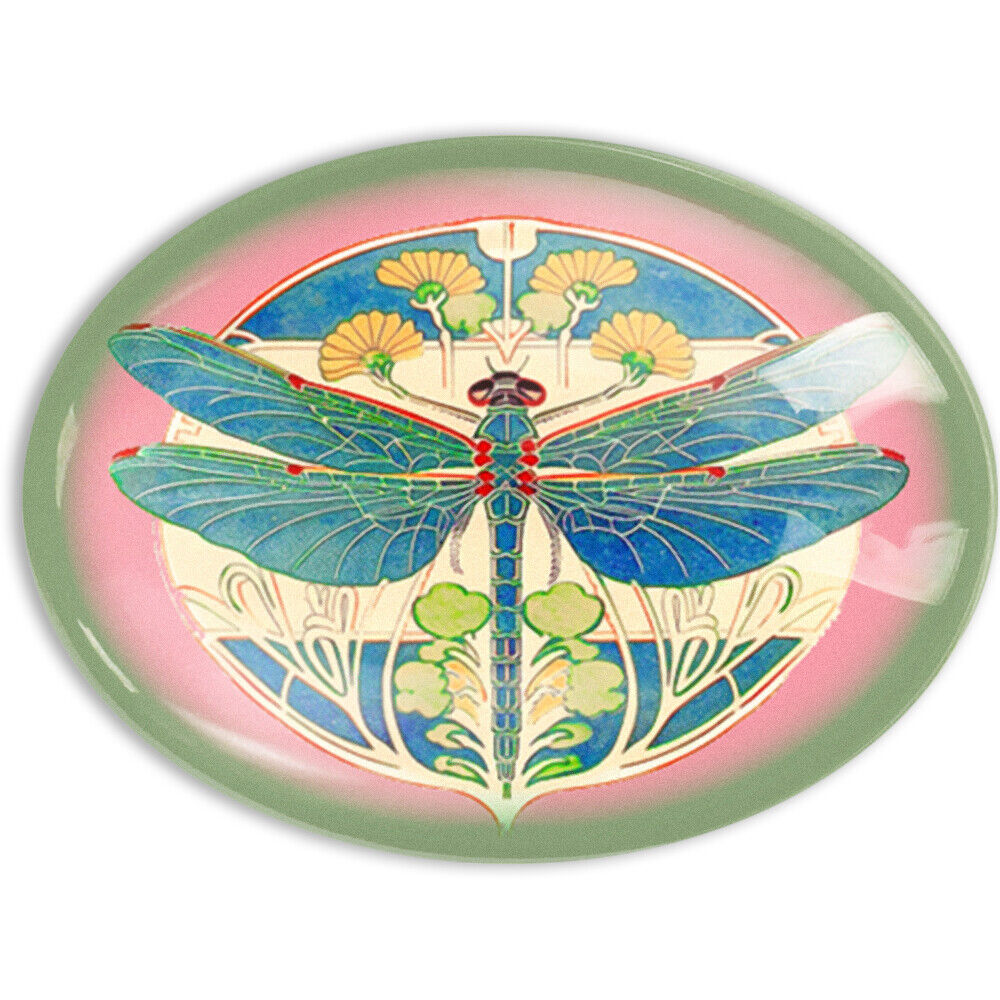 Art Nouveau Dragonfly Horizontal Glass Cameo Cabochon Pink Teal