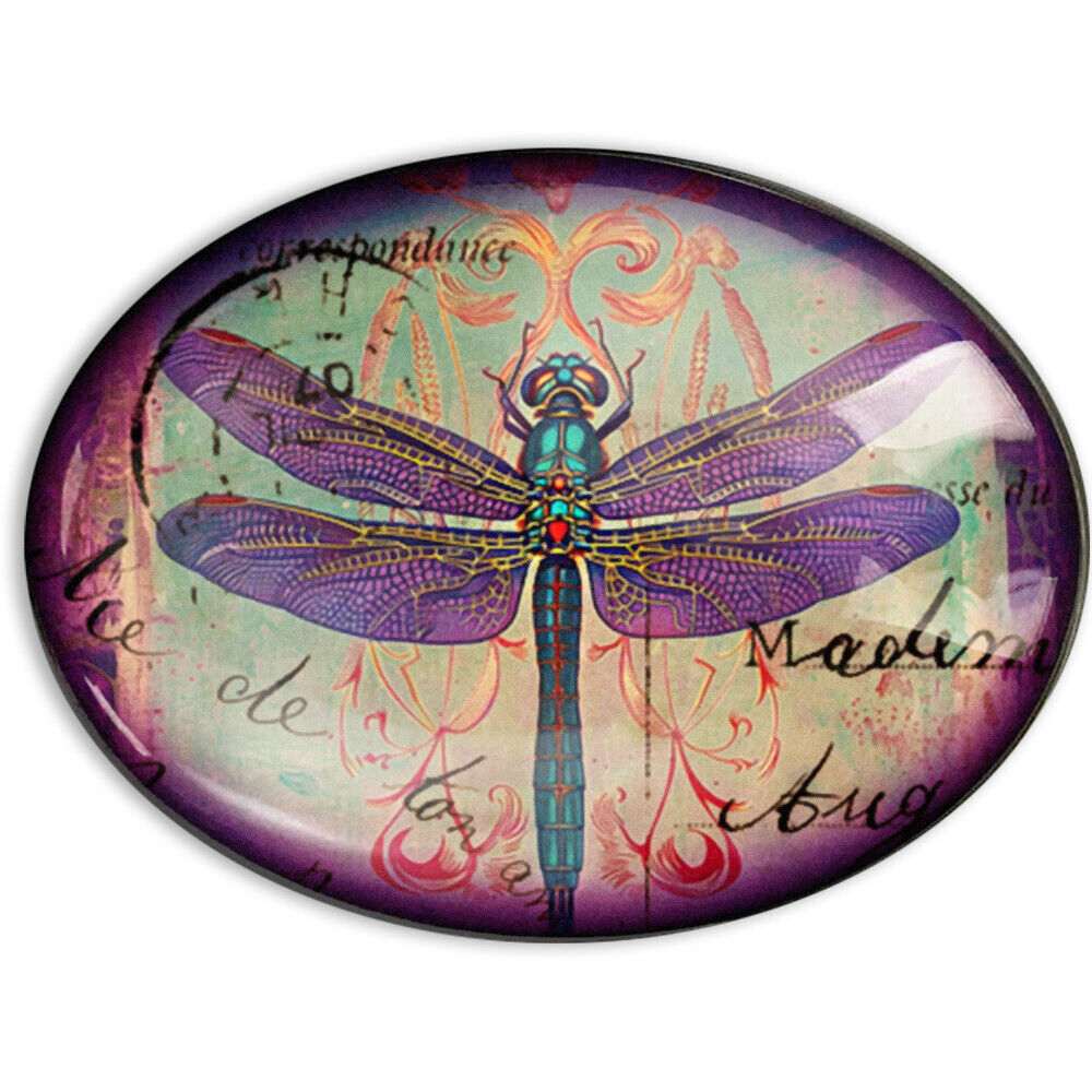 Vintage Altered Art Dragonfly Horizontal Glass Cameo Cabochon Purple Teal
