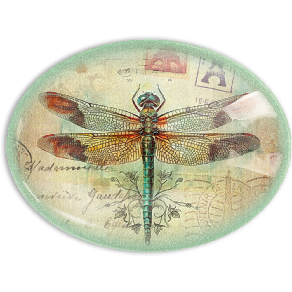 Vintage Dragonfly Horizontal Glass Cameo Cabochon French Postcard Seafoam Green