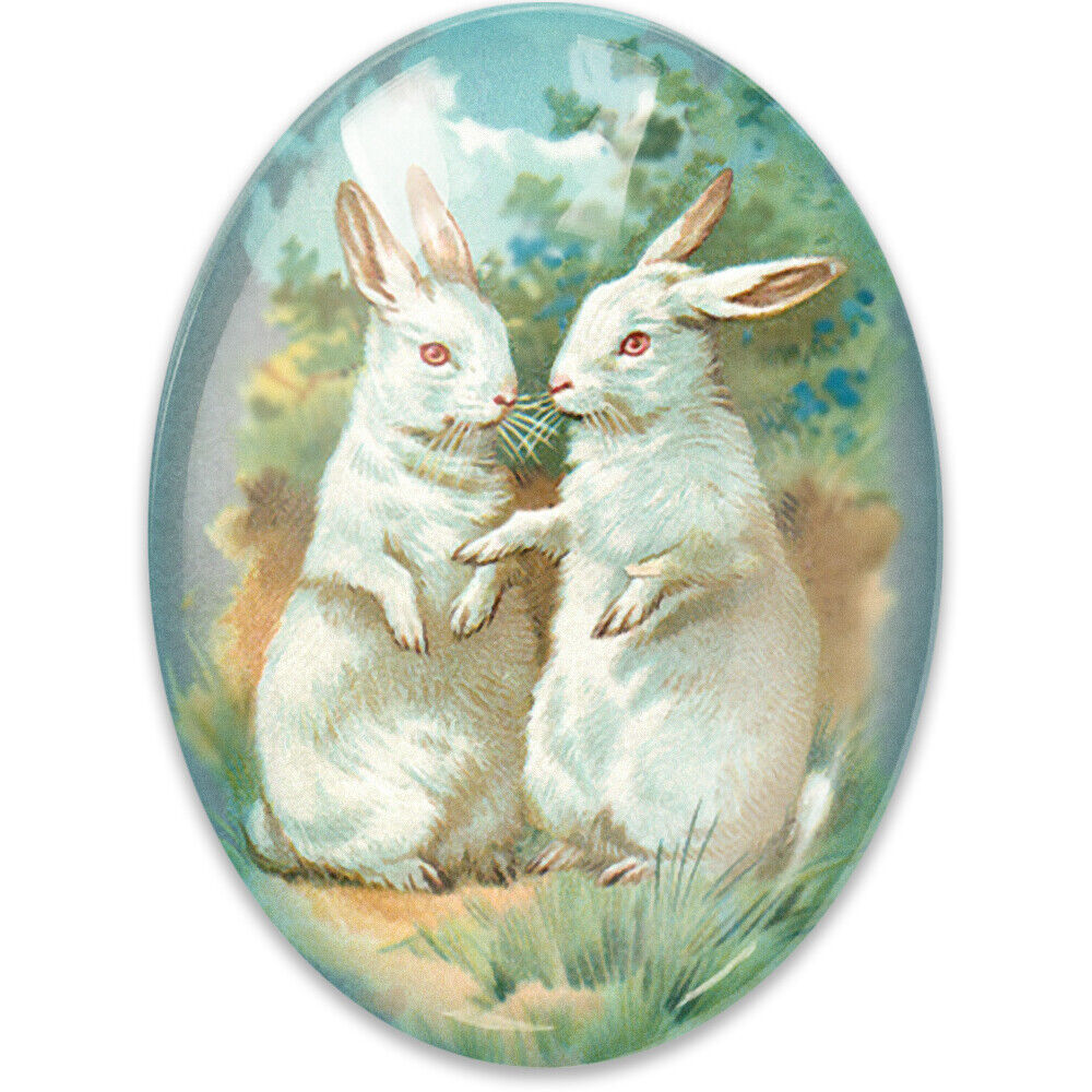 Victorian White Rabbits Illustration Glass Cameo Cabochon Vintage