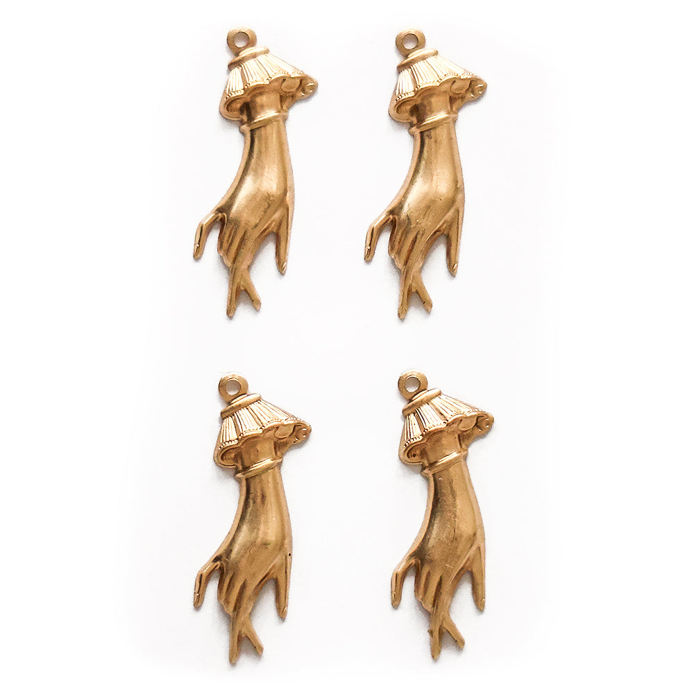 4pcs Elegant Victorian Hand Charm Pendants with Ruffled Sleeve Raw Brass Vintage