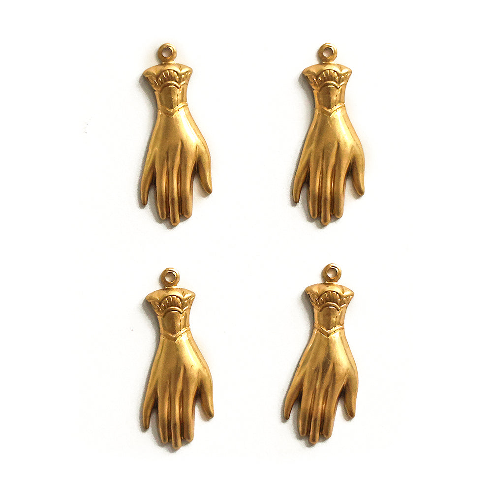 4pcs One Loop Victorian Hand Connector Charm Pendants with Sleeve Raw Brass Vintage