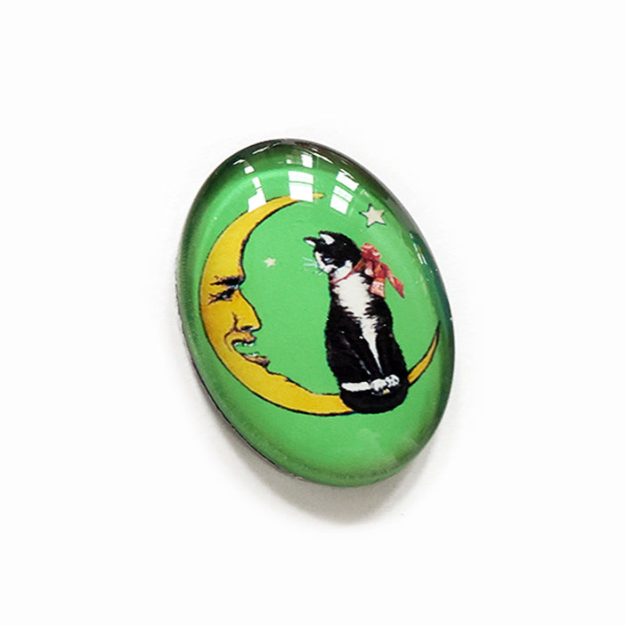 Tuxedo Cat Crescent Moon Green Star Glass Cameo Cabochon