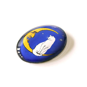 White Cat on Crescent Moon Royal Blue Star Glass Cameo Cabochon