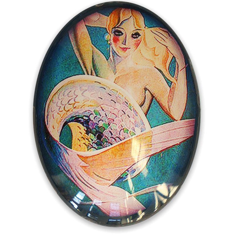Art Deco Mermaid Illustration Glass Cameo Cabochon