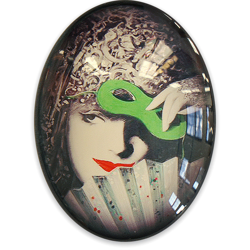 Vintage Woman holding Masquerade Mask and Fan Cameo Cabochon closeup