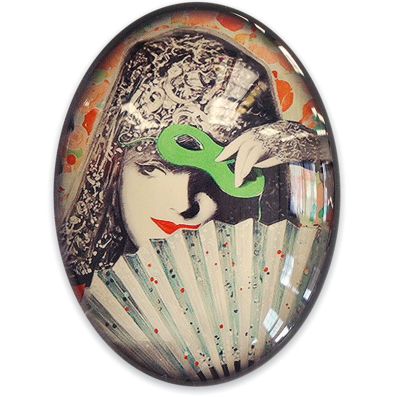 Vintage Woman holding Masquerade Mask and Fan Cameo Cabochon