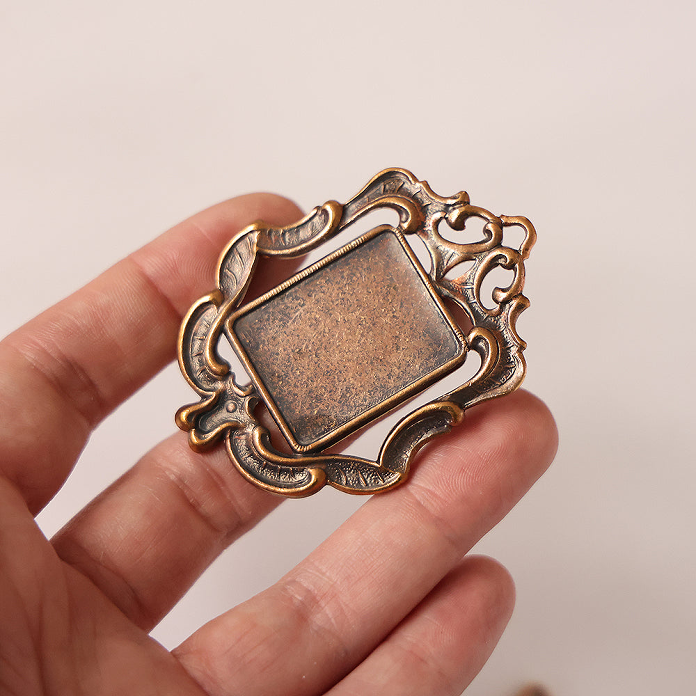 Vintage German Huge Cameo Cabochon Setting Art Nouveau Victorian Frame Brass Ornate Rectangular