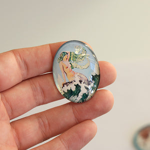 Art Nouveau Green Haired Mermaid on a Rock Illustration Glass Cameo Cabochon