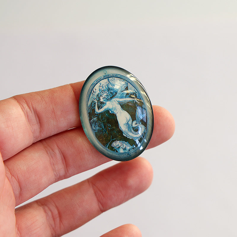 Art Nouveau Mermaid with Fish Illustration Glass Cameo Cabochon