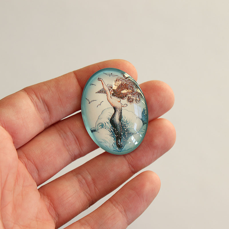 Art Nouveau Mermaid with Shell Hat Illustration Glass Cameo Cabochon
