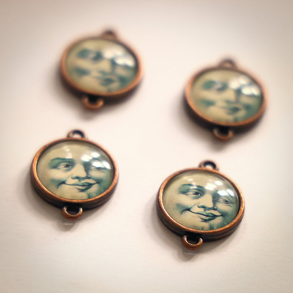 4pcs Glass and Copper Handmade Man in the Moon Smiling Face Charms Vintage