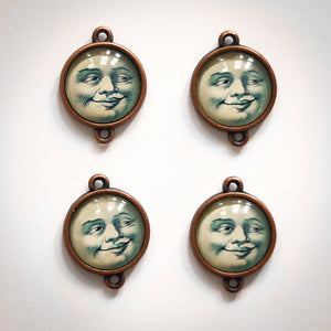 4pcs Glass and Copper Handmade Man in the Moon Smiling Face Charms Vintage