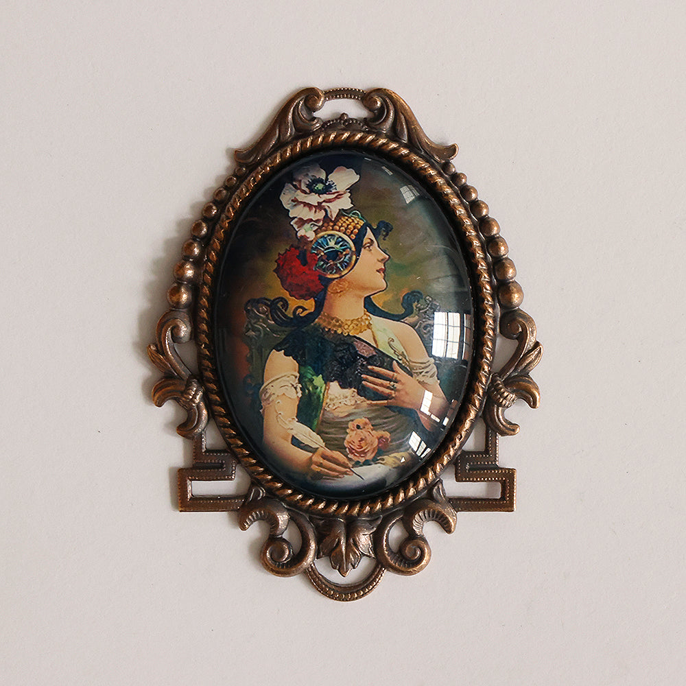 Art Nouveau Woman Writing Glass Cameo Cabochon French