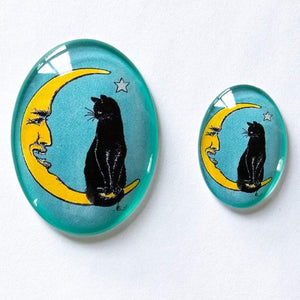 Cat on Crescent Moon and Star Glass Cameo Cabochon