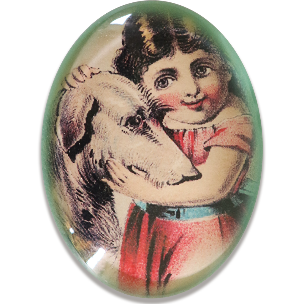 Victorian Girl and Dog Illustration Glass Cameo Cabochon