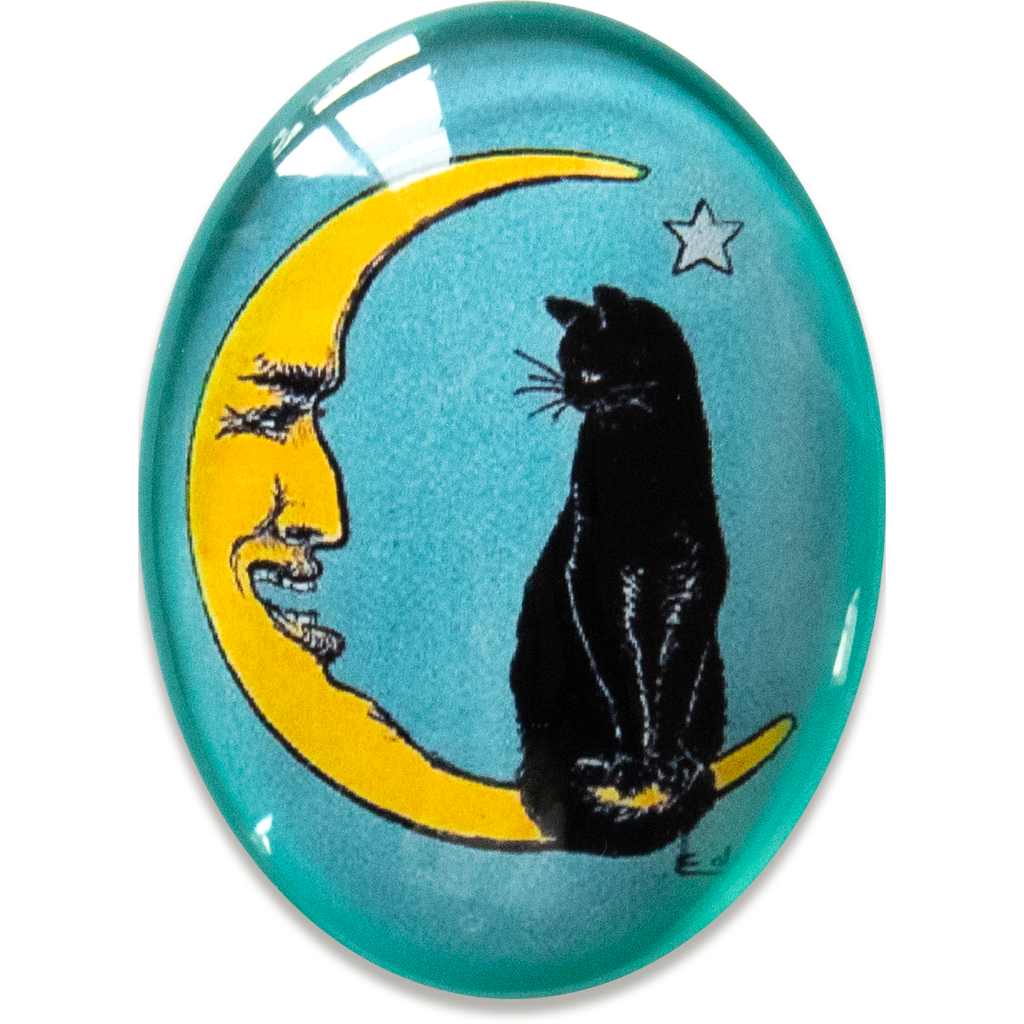 Cat on Crescent Moon and Star Glass Cameo Cabochon