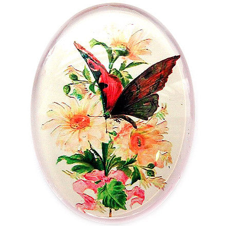 Flowers & Butterfly Illustration Glass Cameo Cabochon