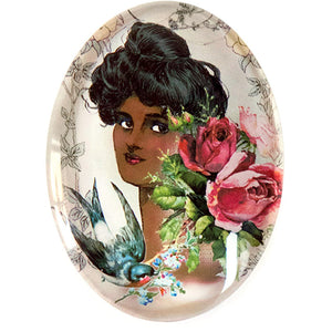 Victorian Gibson Girl with Roses and Swallow African American Black Cameo Cabochon