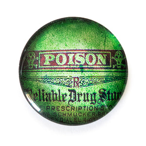 Green Vintage Poison Label Round Glass Cameo Cabochon Skull Crossbones