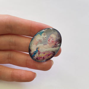 Rococo Baroque Woman with Dog Painting Glass Cameo Cabochon