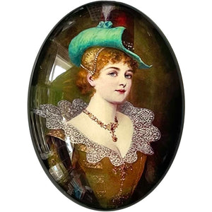 Beautiful Woman in Fancy Hat Antique Painting Cameo Cabochon