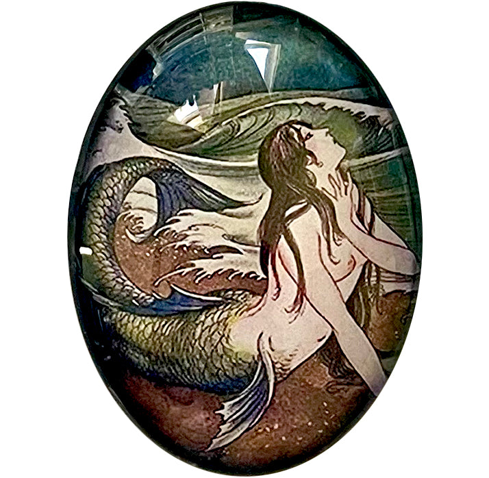 Vintage Japanese Mermaid Illustration Glass Cameo Cabochon