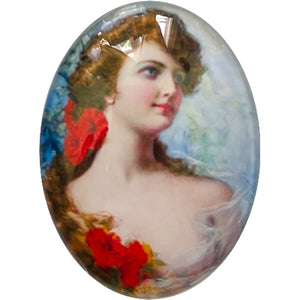 Victorian Woman with Flowers Painting Glass Cameo Cabochon