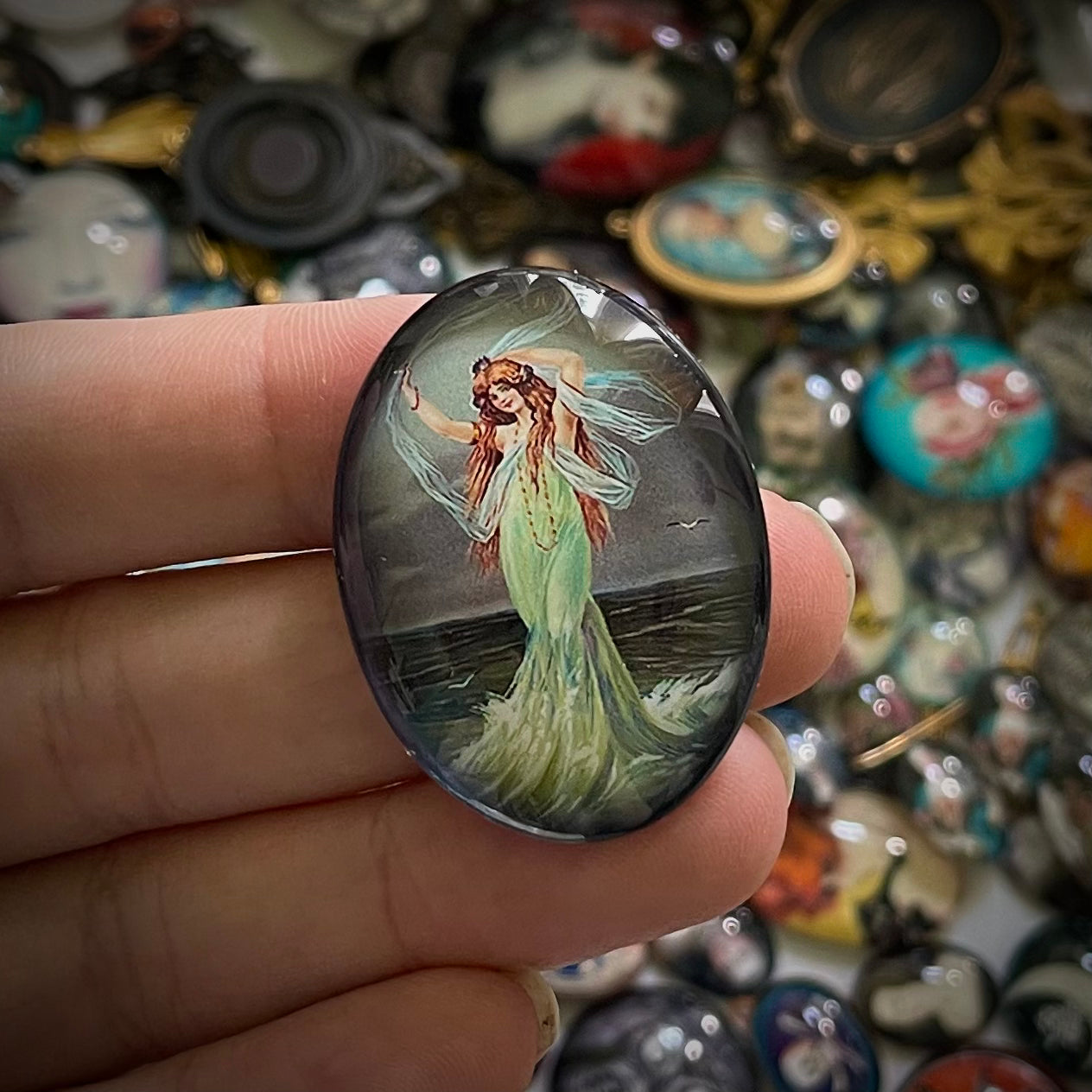 Mystical Mermaid Sea Witch Woman of the Sea Art Glass Cameo Cabochon
