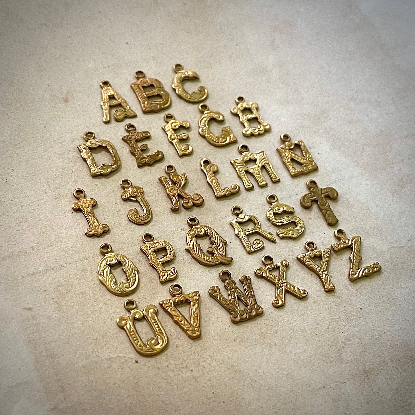 Whimsical Ornate Vintage Brass Full Alphabet Letter Charms