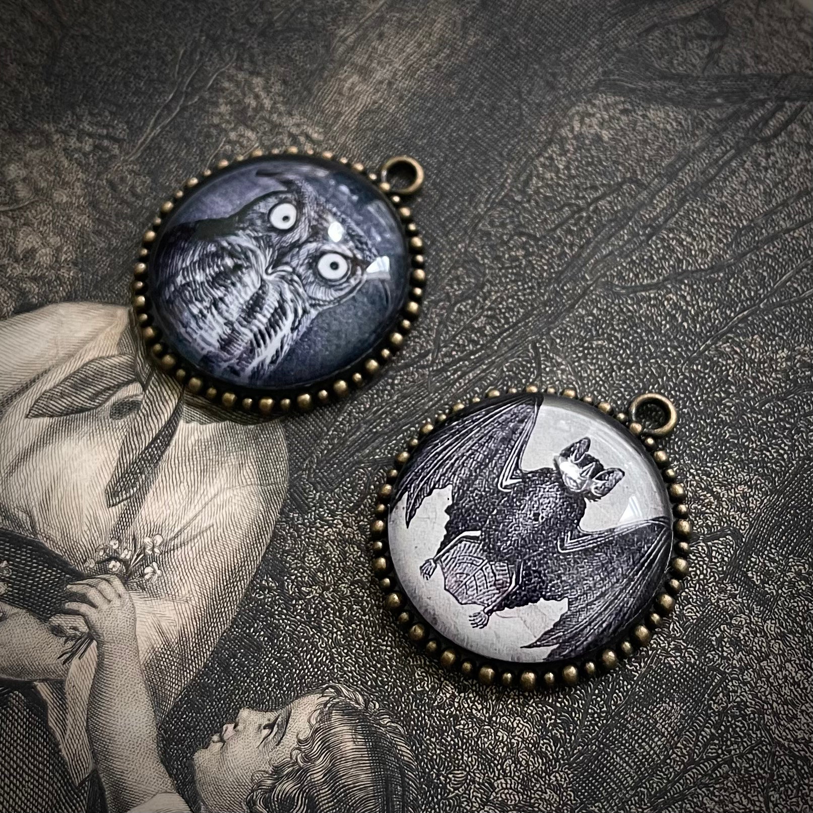 Vintage Owl and Bat Spooky Bronze Handmade Pendant Charm Lot